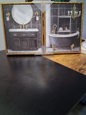 Bathroom Wall Art Set - Gray & Gold Framed Prints